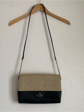 Kate Spade tan with black leather trim  Saffiano flap crossbody bag